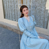Purpdrank - Elegant Woman Blue Dress Vintage French Style Puff Sleeve Half High Collar Patchwork Lace Retro Princess Dresses Vestido Festa