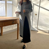 Purpdrank Korean Elegant Split Autumn Knitted Sweater Dress Women O-Neck Vintage Midi Dress Loose Party Dresses Solid Color Straight