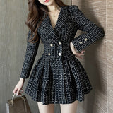 Purpdrank - 2023 Autumn Winter Women Vintage Tweed Temperament Dresses Double Breasted High Waist Slim Pleated Plaid Black Mini Vestidos