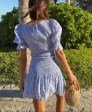 Purpdrank  blue floral Printed Ruffle Mini Dress Smocked puff sleeves cute summer dress round neck sexy women dress