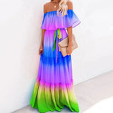 Purpdrank  Off Shoulder Gradient Ombre Color Belt Ruffles Maxi Chiffon Dress V-F