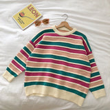 Purpdrank - New Women Stripe Sweater Autumn Winter Loose Long Sleeve Pullover Tops Korean Ladies Knitted Patchwork Korean Sweaters