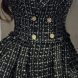 Purpdrank - 2023 Autumn Winter Women Vintage Tweed Temperament Dresses Double Breasted High Waist Slim Pleated Plaid Black Mini Vestidos