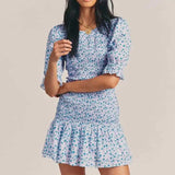 Purpdrank  blue floral Printed Ruffle Mini Dress Smocked puff sleeves cute summer dress round neck sexy women dress