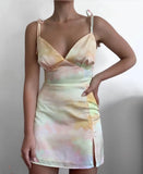 Purpdrank  Sexy Tie Dye Print Satin Sling Dress Women Bandage Lacing up Strap Slit Short Mini Party Robe