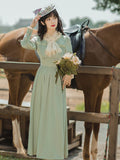 Purpdrank - Cottagecore Green Prairie Chic Dress Women Vintage Lace Patchwork Lantern Sleeve Long Maxi Dresses Retro Princess Vestido Mujer