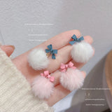 Korean Pink Drop Dangle Earrings for Women Girls Cute Fluffy Ball Bow Pom Earring Fall Winter  Kawaii Christmas Kids Jewelry