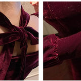 Sexy Dress Women French  Vintage Square Collar Waist Office Lady Wine Red Golden Velvet Autumn WinterParty Female Clothing