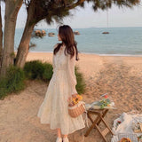 V-neck Elegant Sweet Dress Women Long Sleeve Chiffon Floral Dress Party Beach Dress for Females Korean Style Summer Chic