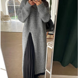Purpdrank Korean Elegant Split Autumn Knitted Sweater Dress Women O-Neck Vintage Midi Dress Loose Party Dresses Solid Color Straight