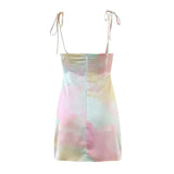 Purpdrank  Sexy Tie Dye Print Satin Sling Dress Women Bandage Lacing up Strap Slit Short Mini Party Robe