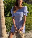 Purpdrank  blue floral Printed Ruffle Mini Dress Smocked puff sleeves cute summer dress round neck sexy women dress