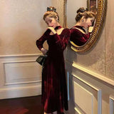 Sexy Dress Women French  Vintage Square Collar Waist Office Lady Wine Red Golden Velvet Autumn WinterParty Female Clothing