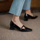 Purpdrank  New Spring/Autumn Women Pumps Patent Leather Women Shoes Square Toe Chunky Heel Shoes Carving Buckle Strap Mary Janes Shoes