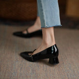 Purpdrank  New Spring/Autumn Women Pumps Patent Leather Women Shoes Square Toe Chunky Heel Shoes Carving Buckle Strap Mary Janes Shoes