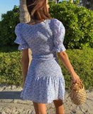 Purpdrank  blue floral Printed Ruffle Mini Dress Smocked puff sleeves cute summer dress round neck sexy women dress