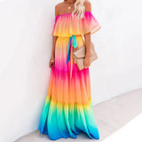 Purpdrank  Off Shoulder Gradient Ombre Color Belt Ruffles Maxi Chiffon Dress V-F