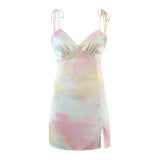 Purpdrank  Sexy Tie Dye Print Satin Sling Dress Women Bandage Lacing up Strap Slit Short Mini Party Robe