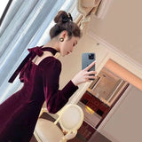 Sexy Dress Women French  Vintage Square Collar Waist Office Lady Wine Red Golden Velvet Autumn WinterParty Female Clothing