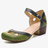 Purpdrank - Women Summer Shoes Mid Heel Hollow Out Casual Sandals Elegant Retro Ladies Pumps Ankle Color Block Buckle Straps Female Sandals