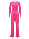 Purpdrank - Aesthetics Pink Velour Sets Slim Y2K Streetwear Zip Up Hoodie and Drawstring Low Waist Pants Co-ord Suits Women