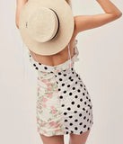 Purpdrank  Sexy Polka Dot Stitching Floral Print Splice Ruffles Summer Spaghetti Strap Dress Ruched Lacing up Mini Short Party Dresses