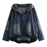 Purpdrank - New Arrival Spring Autumn Women Casual Loose Hooded Collar Print Zipper Coat Long Sleeve Patchwork Cotton Denim Coats W616