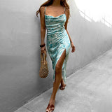 Purpdrank  Print Floral Satin Dress Ruched Midi Split Summer 2025 Strap Backless Bandage Women Sexy Party Dresses