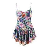 Purpdrank  Sexy Colored Floral Print Spaghetti Strap Low Waist Mini Dress Retro Pleated Hem Sling Robe With Shorts Underwear Vestidos