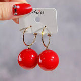 2024 Korean Trendy Elegant Shiny Round White Red Champagne Pearl Hoop Drop Earrings Circle Ball Bead Pendant Dangle Women's Gift