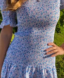 Purpdrank  blue floral Printed Ruffle Mini Dress Smocked puff sleeves cute summer dress round neck sexy women dress