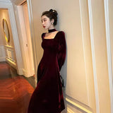 Sexy Dress Women French  Vintage Square Collar Waist Office Lady Wine Red Golden Velvet Autumn WinterParty Female Clothing