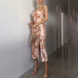 Purpdrank  Print Floral Satin Dress Ruched Midi Split Summer 2025 Strap Backless Bandage Women Sexy Party Dresses