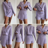 Purpdrank  Vintage Sexy Double-breasted Button Short Women Blazer High Waist Irregular Shorts Short Pants Long Sleeve Suits 2 Pieces Set