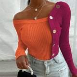 Purpdrank - Sexy Striped Sweaters for Women Slim Fit Stitching Button Long Sleeve Crew Neck Knit Pullover Nightclub Fashion Clothing