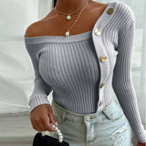 Purpdrank - Sexy Striped Sweaters for Women Slim Fit Stitching Button Long Sleeve Crew Neck Knit Pullover Nightclub Fashion Clothing