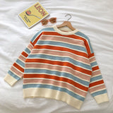 Purpdrank - New Women Stripe Sweater Autumn Winter Loose Long Sleeve Pullover Tops Korean Ladies Knitted Patchwork Korean Sweaters
