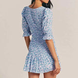 Purpdrank  blue floral Printed Ruffle Mini Dress Smocked puff sleeves cute summer dress round neck sexy women dress