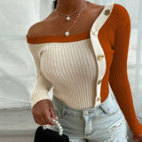 Purpdrank - Sexy Striped Sweaters for Women Slim Fit Stitching Button Long Sleeve Crew Neck Knit Pullover Nightclub Fashion Clothing