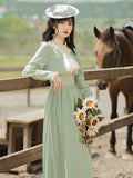 Purpdrank - Cottagecore Green Prairie Chic Dress Women Vintage Lace Patchwork Lantern Sleeve Long Maxi Dresses Retro Princess Vestido Mujer