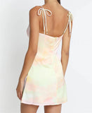 Purpdrank  Sexy Tie Dye Print Satin Sling Dress Women Bandage Lacing up Strap Slit Short Mini Party Robe