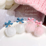 Korean Pink Drop Dangle Earrings for Women Girls Cute Fluffy Ball Bow Pom Earring Fall Winter  Kawaii Christmas Kids Jewelry