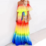 Purpdrank  Off Shoulder Gradient Ombre Color Belt Ruffles Maxi Chiffon Dress V-F
