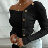 Purpdrank - Sexy Striped Sweaters for Women Slim Fit Stitching Button Long Sleeve Crew Neck Knit Pullover Nightclub Fashion Clothing