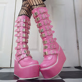 Purpdrank - INS Hot Brand New Gothic Street Women's Knee High Boots Platform Wedges High Heels Buckle Boots For Women Punk Shoes Woman