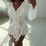Purpdrank  Lace Trim Ruffled Long Sleeve Dresses Women' S Clothes Autumn 2025 V Neck Flare Sleeve Irregular Mini Dress