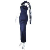 Purpdrank  Elegant Satin Scarf Spaghetti Strap Maxi Dresses For Women Sexy Slit Party Evening Dress Navy Blue Gowns
