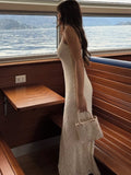 Purpdrank  French Elegant Mesh Lace Dress Woman White Outfits Summer Spaghetti Strap Backless Fishtail Long Dresses