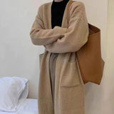 fall outfits Solid Color Knitted Cardigan Women's Autumn and Winter Loose Temperament V-neck Lazy Style Mid-Length over-the-Knee Sweater Coat Fashion