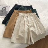 Purpdrank - Breathable Cotton Linen Shorts Japanese Retro High Waist Wide Leg Bermuda Shorts Suit Casual Summer Woman Loose